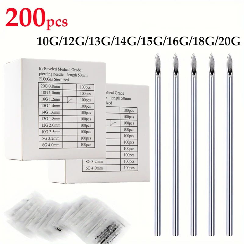 10/100/200pcs Body Piercing Needles 14G 16G 18G Stainless Steel Disposable Ear Nose Navel Nipple Lip Piercing Needle Tattoo