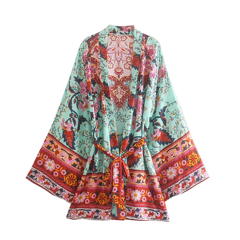 Happie Queens Vintage Peacock Floral Print Sashes Bohemian Kimono Women  V Neck Batwing Sleeves Short Robe Boho Bikini Cover-ups