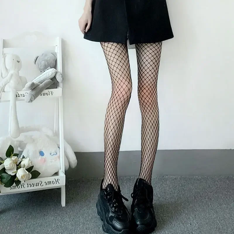 Black Medium Grid Sexy Women High Waist Stocking Fishnet Club Tights Knitting Net Pantyhose Mesh Anime Lolita JK Cosplay Costume