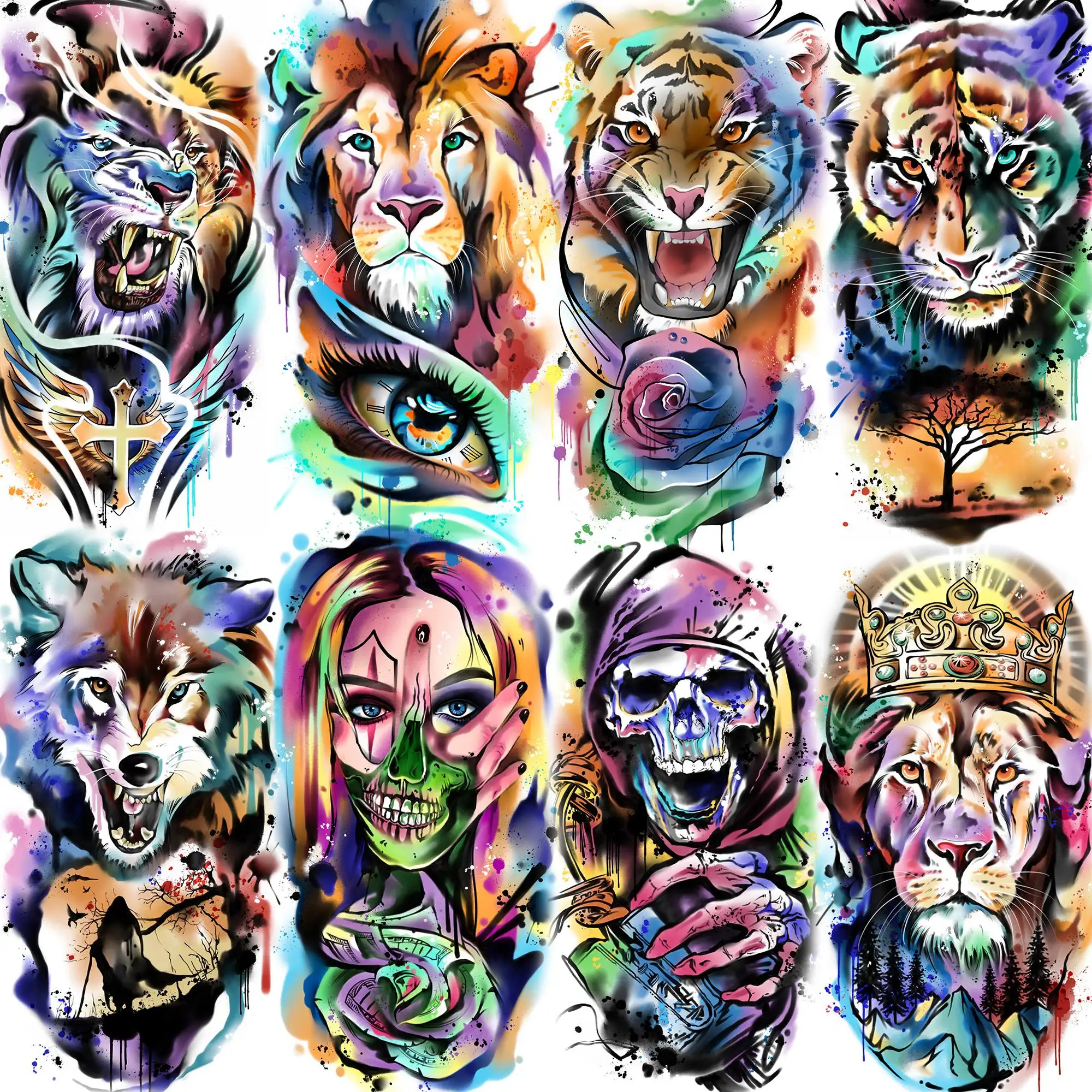 8 Sheets Flash Wolf Lion Tiger Temporary Tattoos For Women Men Adults Fake Tattoo Sticker Fake Flower Gangster Skull Tatoos Kits