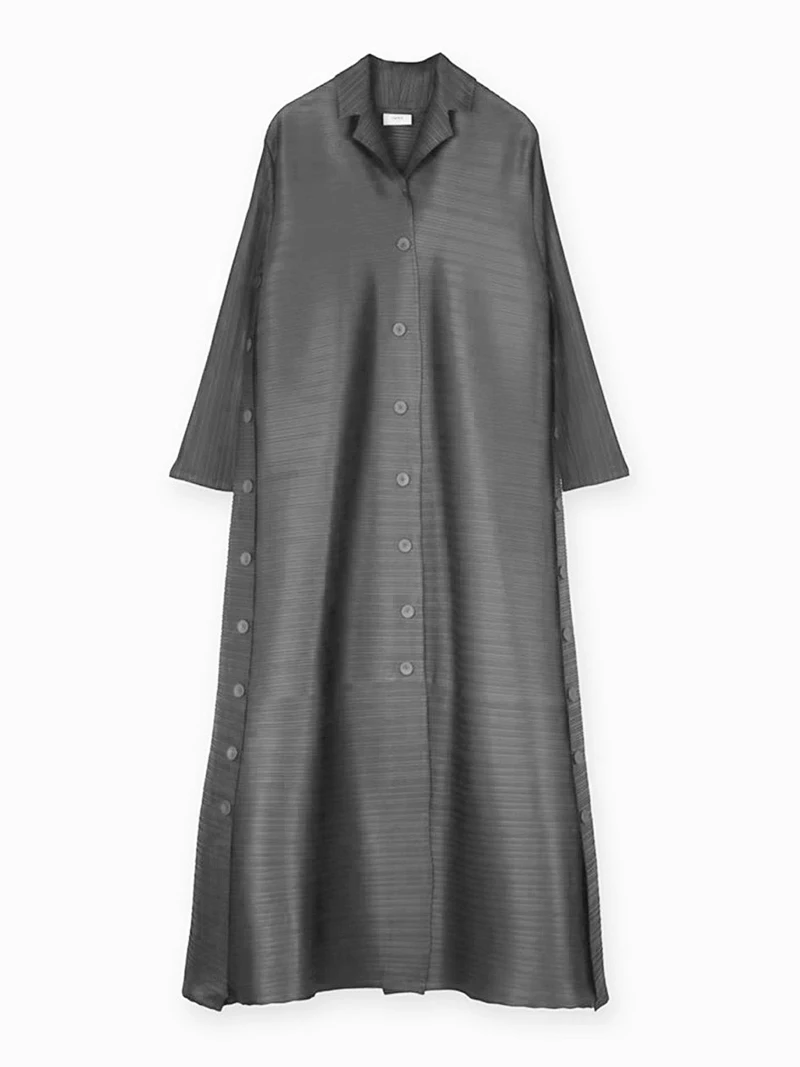Miyake Pleated Three Breasted Turn-down Collar Dress Women Autumn New Winter High Fashion Loose Plus Size Long Cardigan Coats
