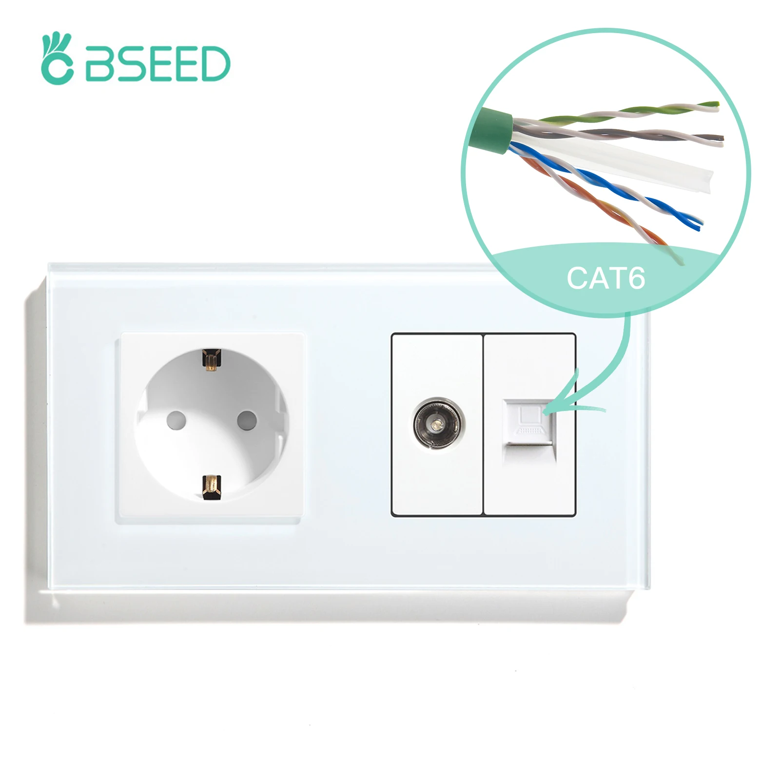 BSEED Double Wall Power Socket Plus TV/CAT6 Internet Data LAN Plugs Triple 2.1A Type-c USB Sockets Glass Panel EU Standard