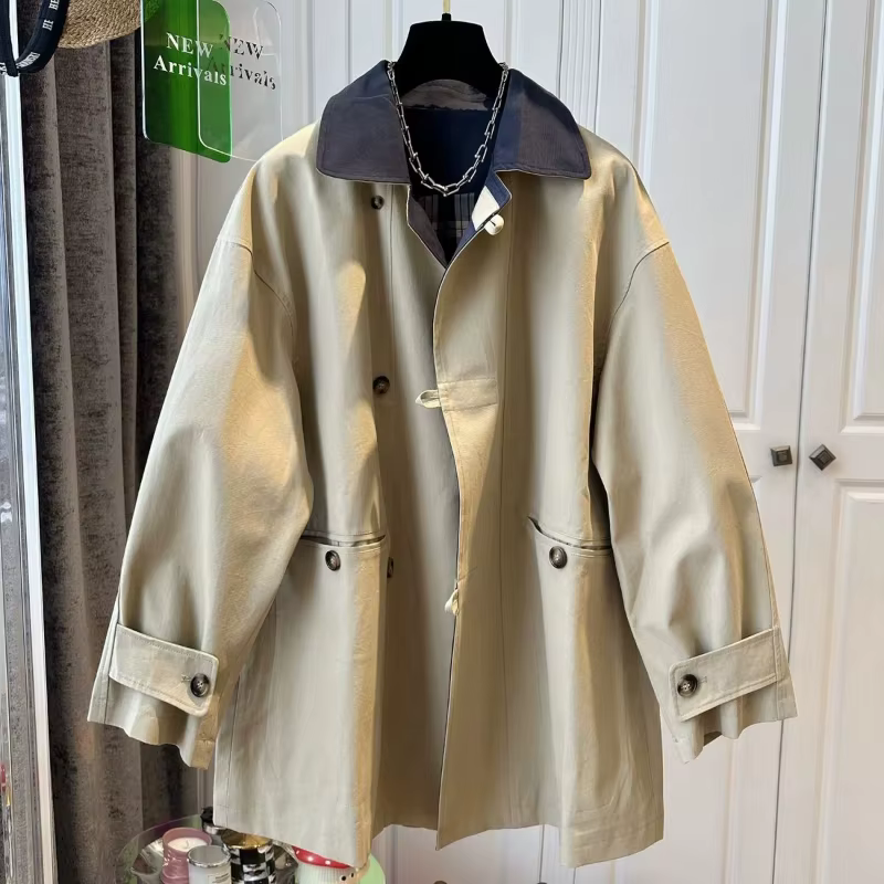 British Style Collar Contrasting Color Mid Length Trench Coat for Women Loose and Slimming Plus Size Casual Versatile Jacket