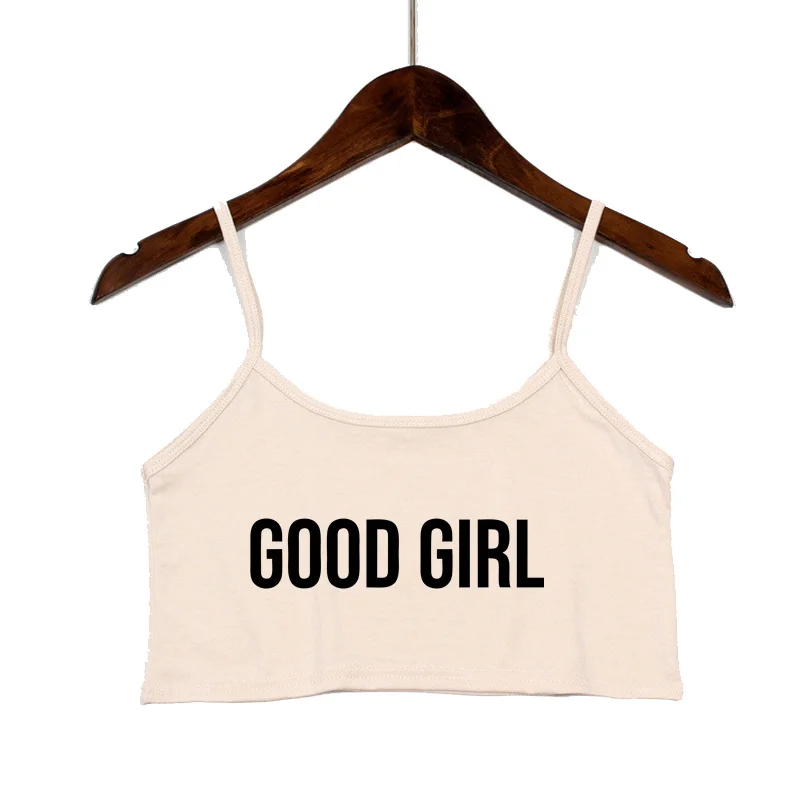 GOOD GIRL Pink Letters Print Summer Women's Crop Top Sexy Elastic Cotton Camis Sleeveless Short Tank Top Bar Tops Women