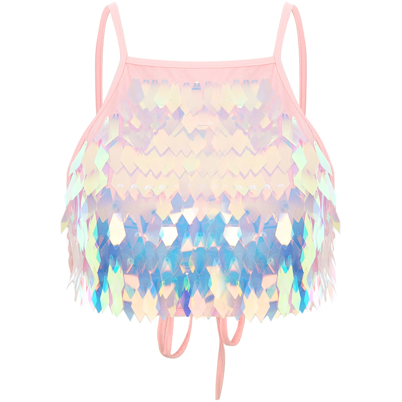 Glitter Sequin Tassel Bra Top Lace-up Tank Top Camisole Women Belly Dance Crop Top Vests Cropped Bralette Glitter Camis Clubwear