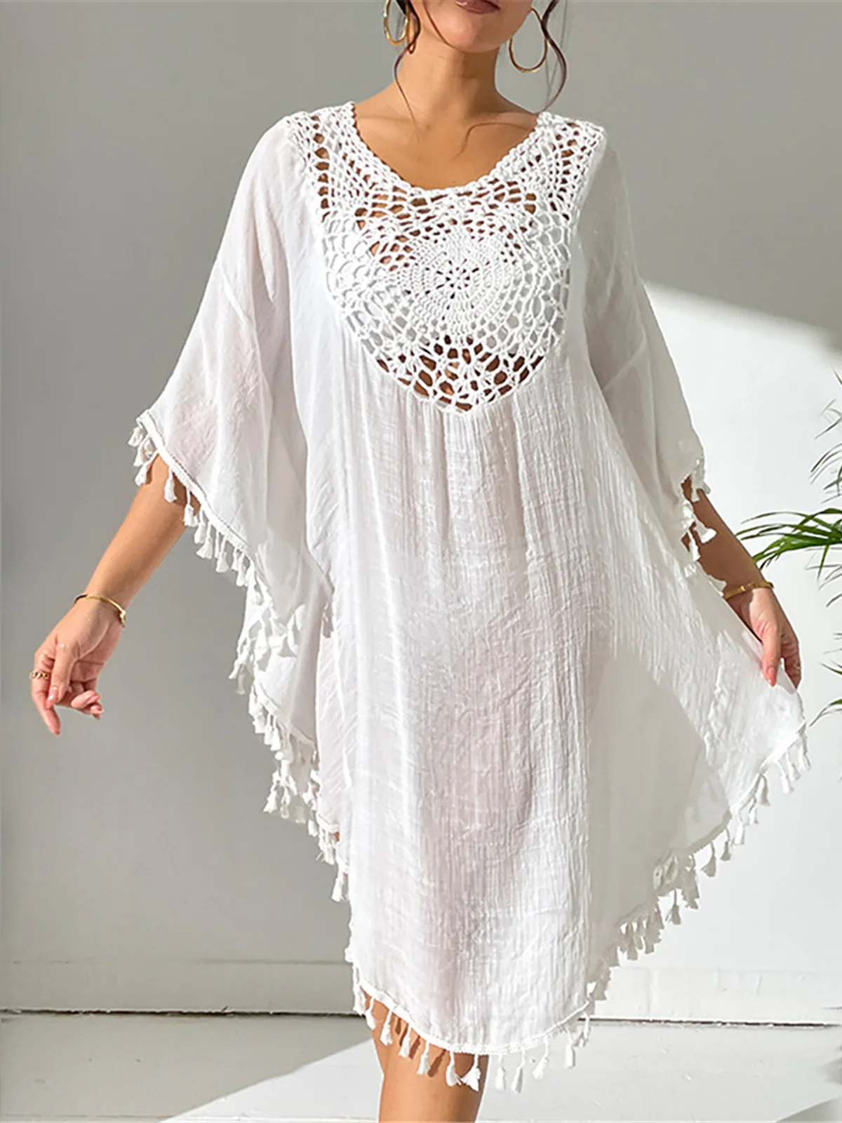 New Fringe Tassel Embroidery Half Sleeve Tunic Beach Cover Up Cover-ups Long Beach Dress Beach Wear Beachwear Female Women K5328