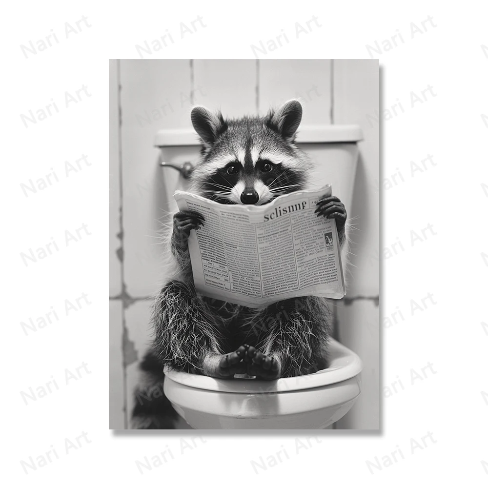Cute Raccoon in the Toilet Posters Print Picture Funny Animal Black and White Wall Art Canvas Painting for Bathroom Home Decor