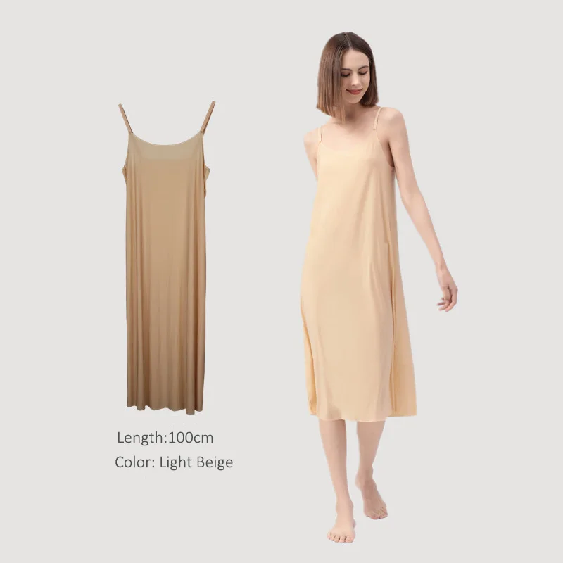 Seamless Ice Silk Full Slips Dresses For Women Summer Plus Size Sleeveless Petticoat Underskirt Adjustable Sling Underwear Dress