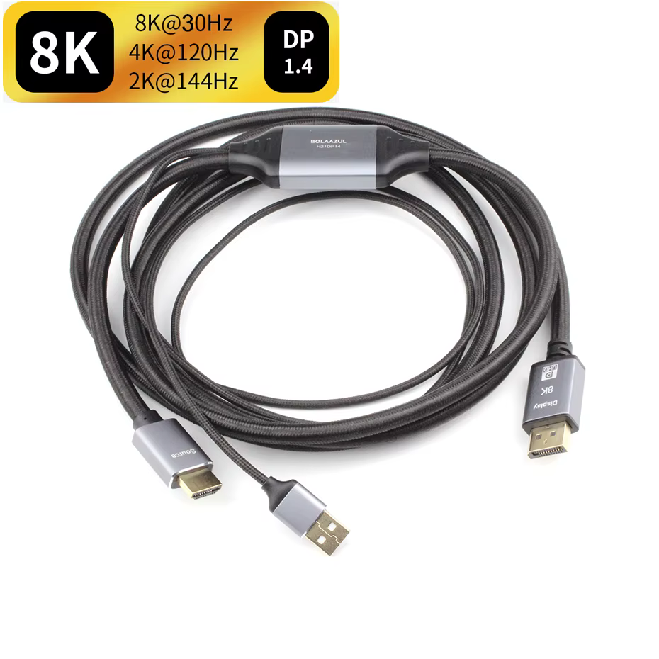 8K HDMI 2.1 to Displayport 1.4 cable HDMI to Displayport 144Hz converter adapter cable HDMI 2.1 in to Displayport 1.4 out