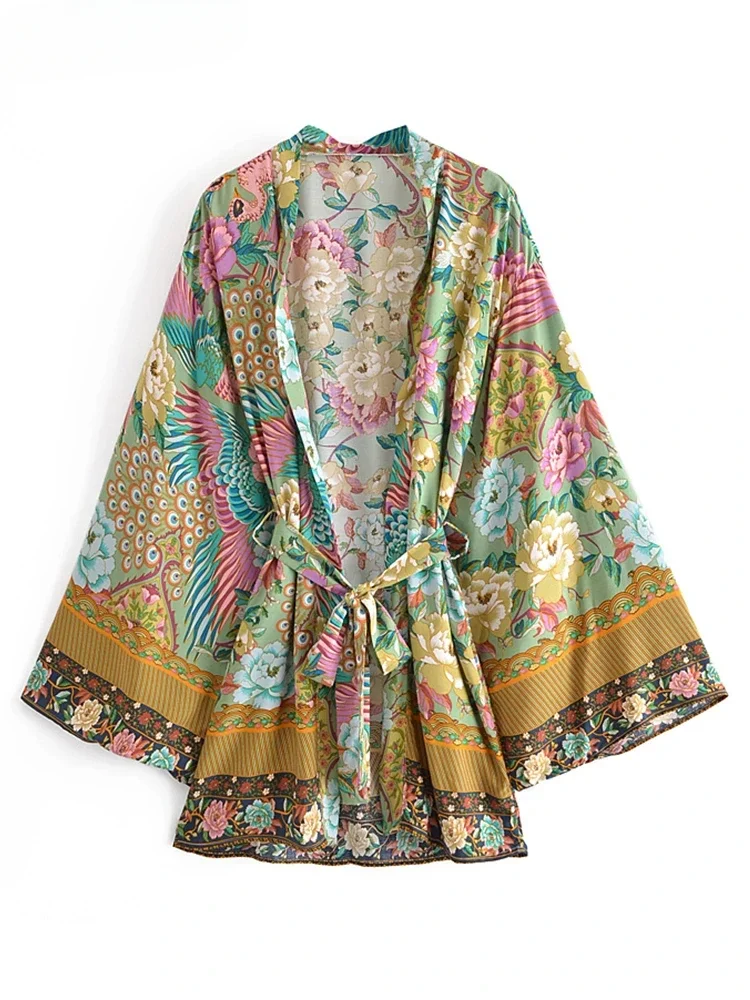 Boho Vintage Green Peacock Floral Print Sashes Bohemian Kimono Women V Neck Batwing Sleeves Happie Short Robe Bikini Cover-ups