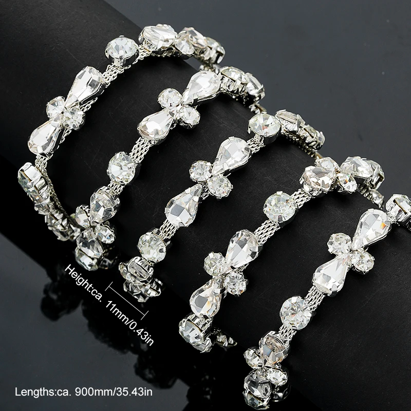 QIAO 90cm Rhinestone Crystal Chain Diamante Lace Diamond Trim Ribbon Necklace Applique Gem Sparkle Wedding Dress for DIY Craft