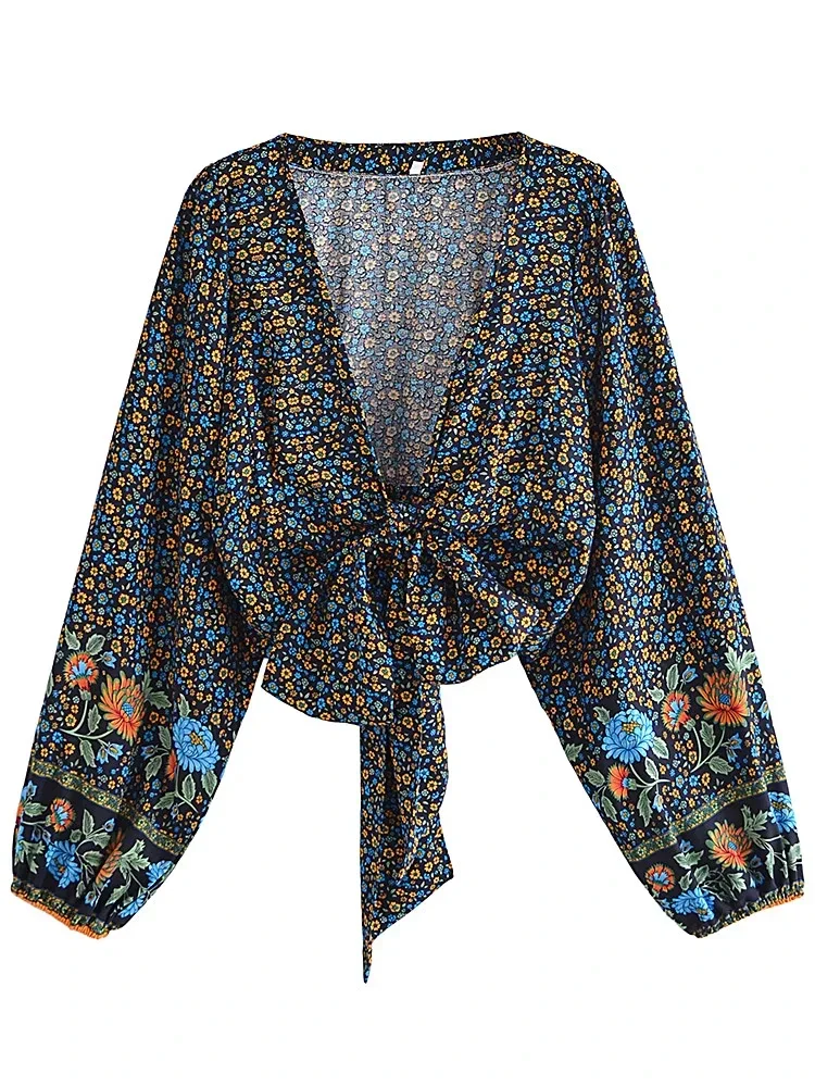 Vintage Chic Fashion Women Floral Print Rayon Bohemian Blouse Ladies Loose Crop Top Long Sleeve Boho Shirts Kimono Cover-ups