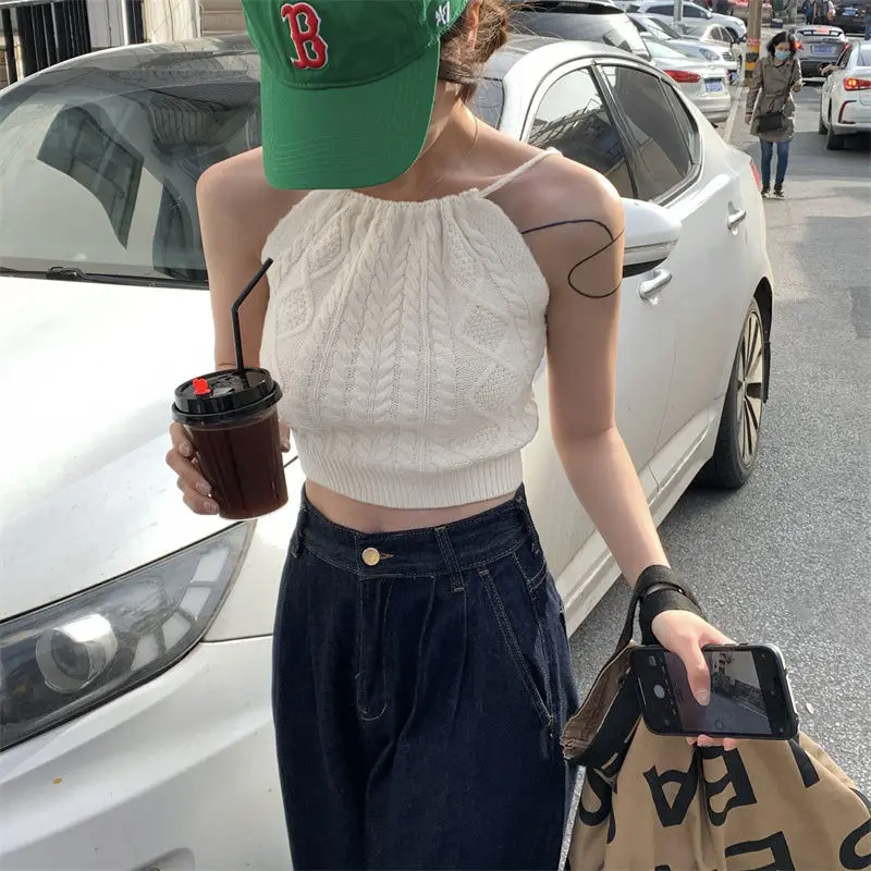 Halter Sexy Crop Top Women Knitted Camis Tank Tops Sleeveless Off Shoulder T Shirt Vintage Y2k Clothes Fashion New