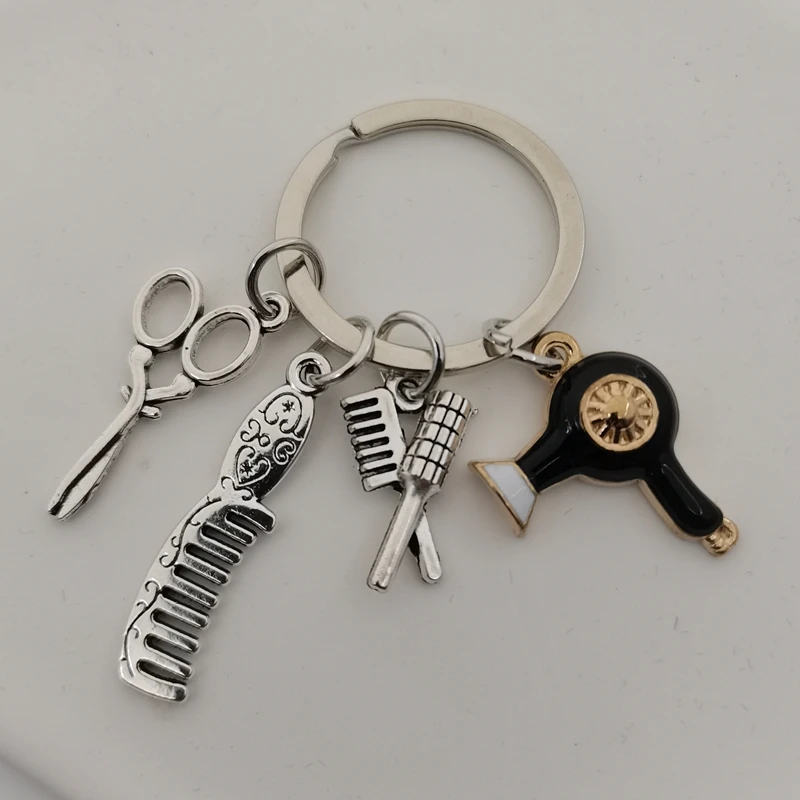 New hair stylist keychain scissors comb hair dryer keychain DIY handmade jewelry gift keychain for men and women.