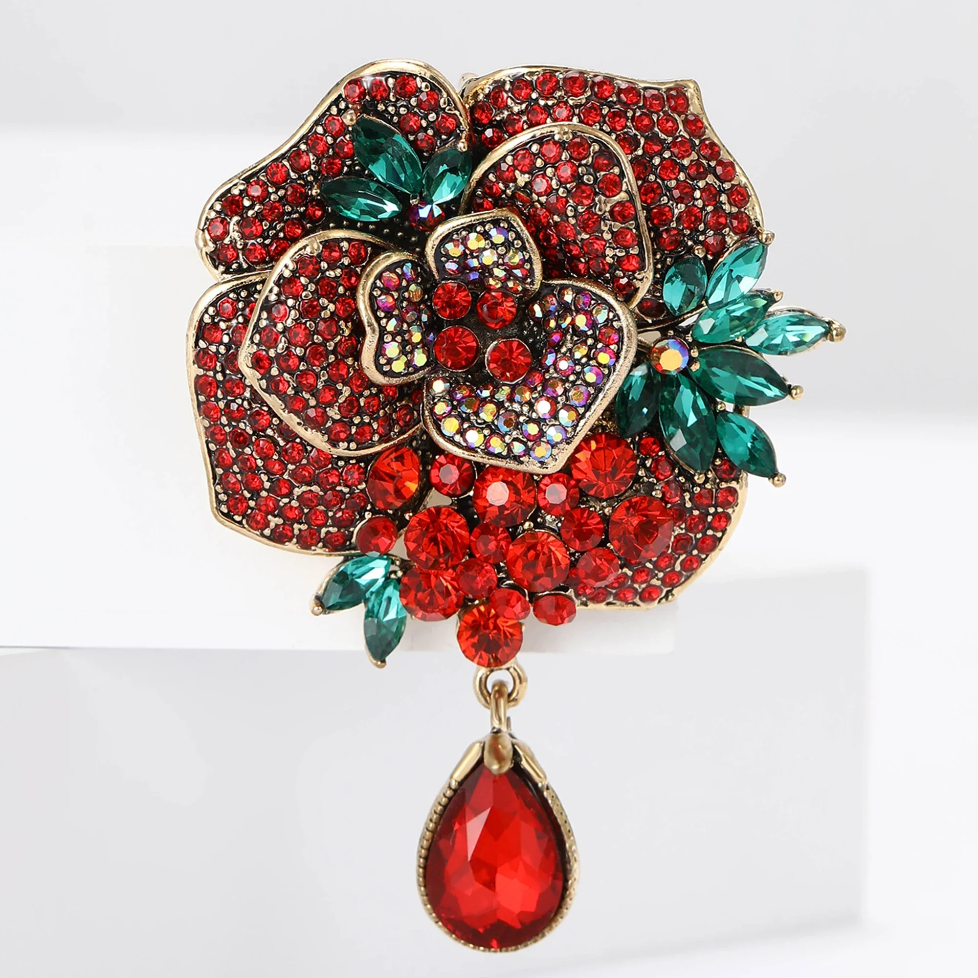 Rhinestone Heavy Pendant Flower Brooches for Women Unisex Glass Plant Pins Event Party Backpack Decoration Clothes Accessories