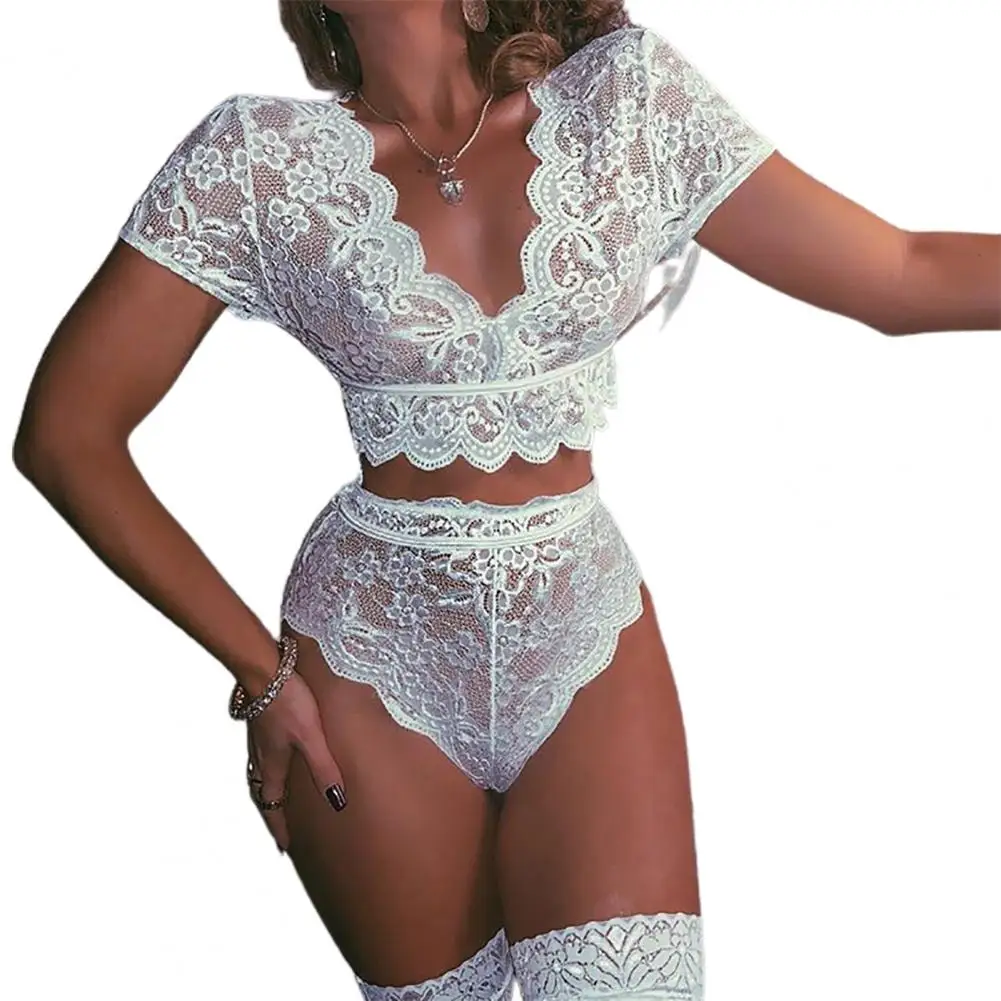 Women Lace Floral Underwear Set Lady Girls Mesh Crochet Stitching Spandex Sleepwear Set Exotic Sets