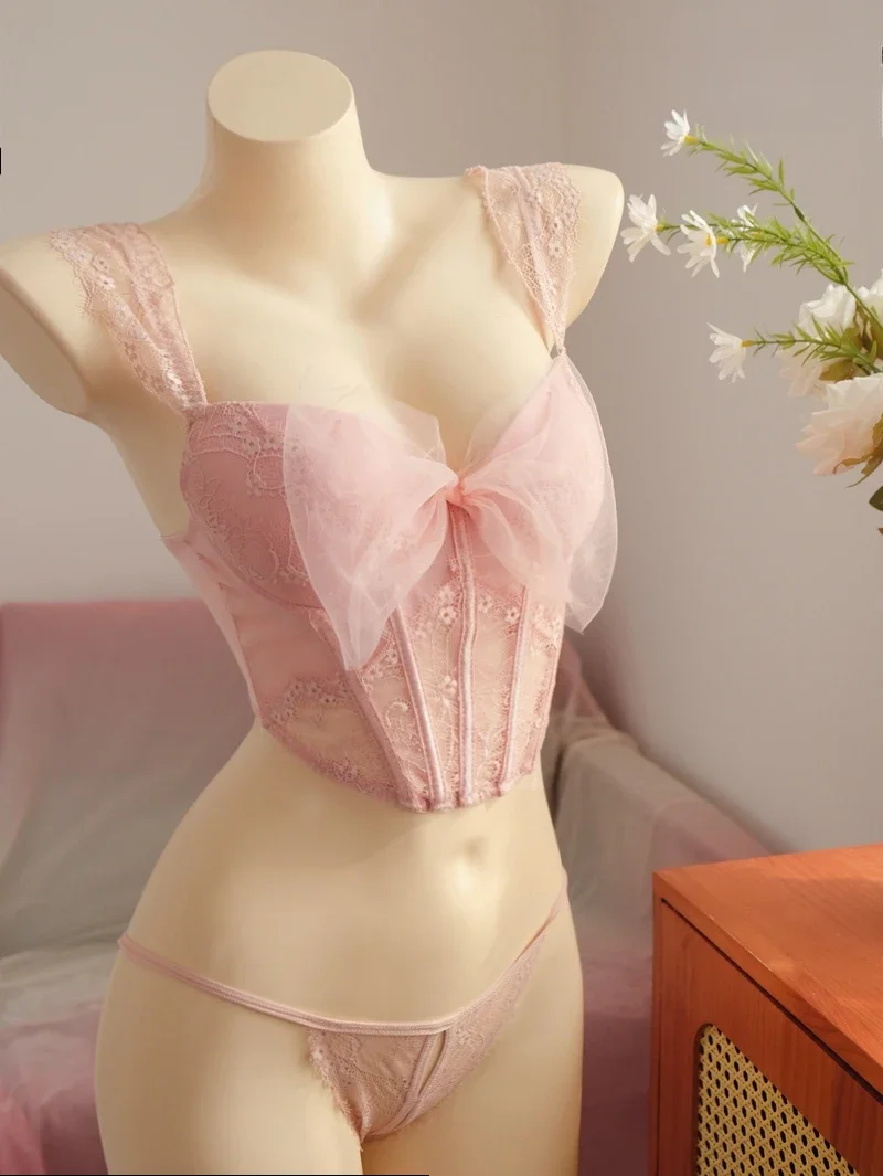 Pink Bow Lace Underwear Lingerie Set Women's Small Breasts Push Up Gather Sexy Fishbone Bra & Brief Sets Can Be Worn Outside