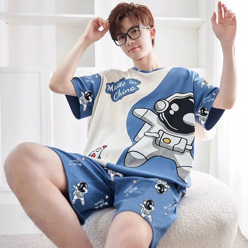 Men Pajamas Short-Sleeved Teenagers Loose Large Size Casual Homewear Grey Plaid Pullover Easy to Clean Cartoon Sleepwear