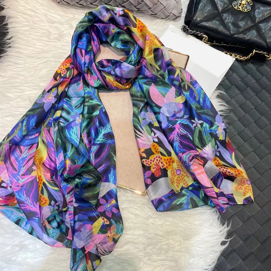 Ladies Green 100% Silk Scarf Shawl Winter Rose Design Women Pure Silk Scarves Wraps Fashion Beach Shawl Cover Ups Pink Scarf
