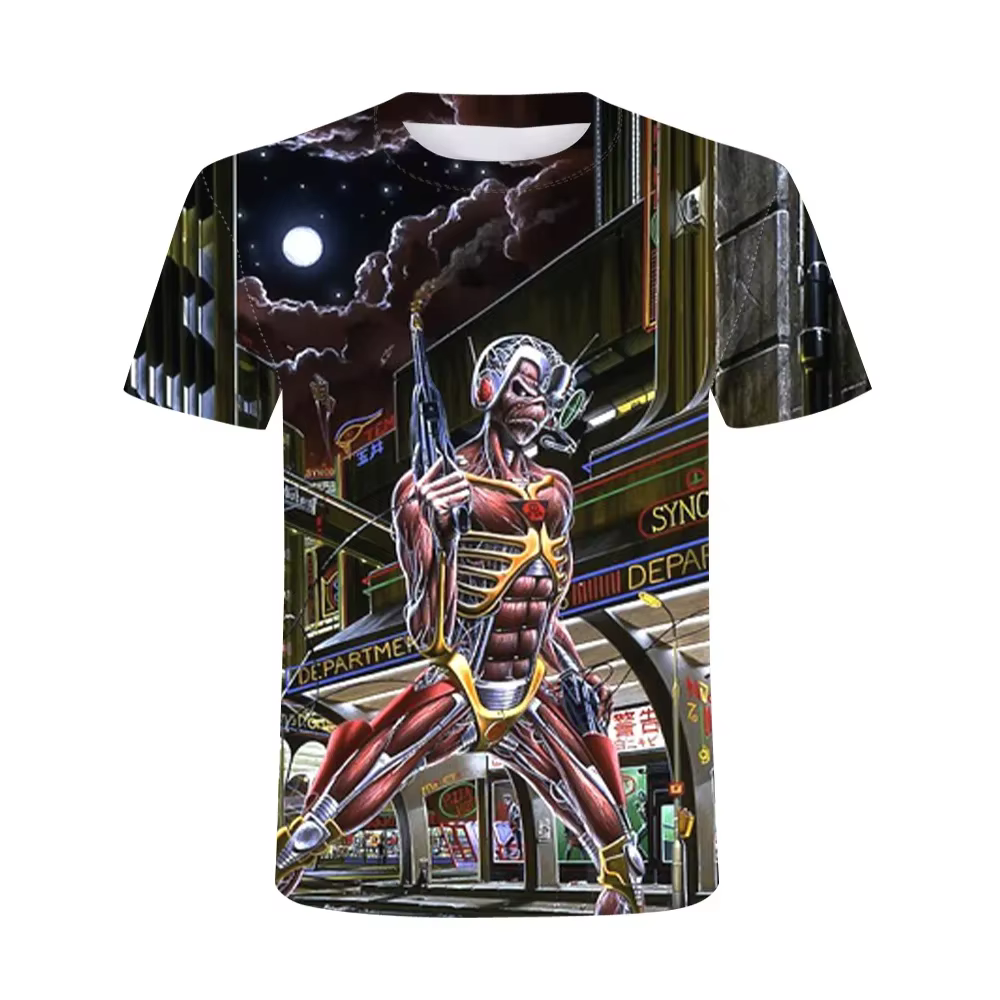Heavy Metal Skull Demon Muscle Man 3D Harajuku Print T-Shirt Cool Hip Hop Personality Punk Fan Men's Round Neck Short Sleeve Top