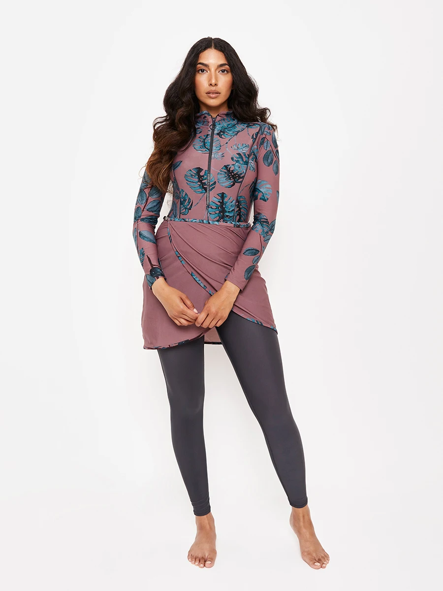 3PCS/Set Women Burkinis Muslim Swimwear Modest Swimsuit Long Sleeve Islamic Swimming Bathing Suit Tropical Plant Top Pant Hijab