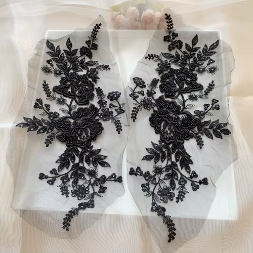 2PCS/1Pair Black and White Nail Bead Flower Leaves Embroidery High Set Wedding Dress Headdress Lace Mirror Flower RS4154