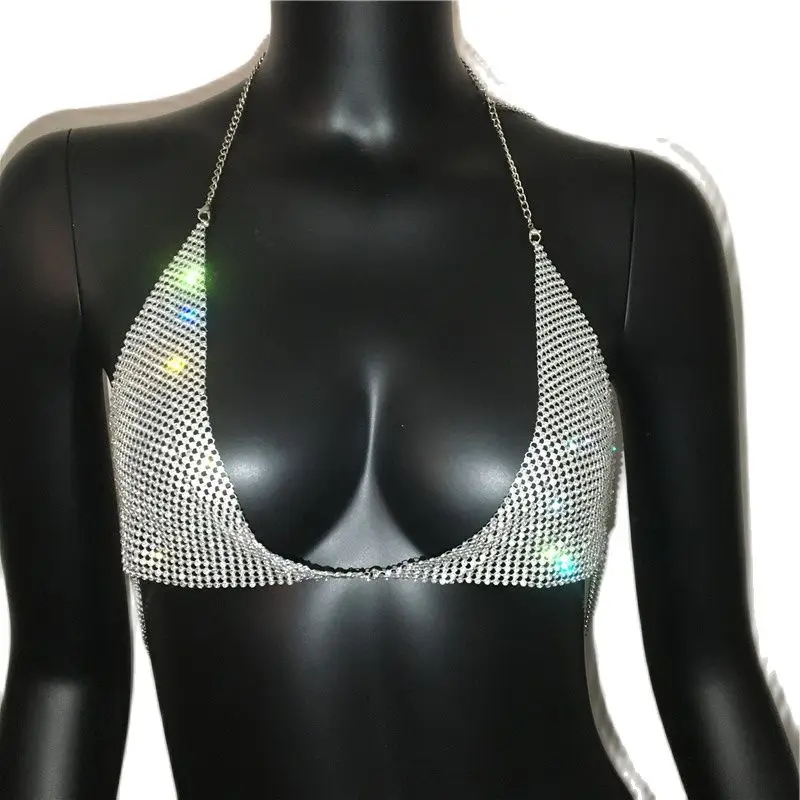 AKYZO 2024 Women Halter Handmade Rhinestones Bling Tank Tops Shiny Beach Bralette Party Club Gold Metal Diamond-Studded Camis