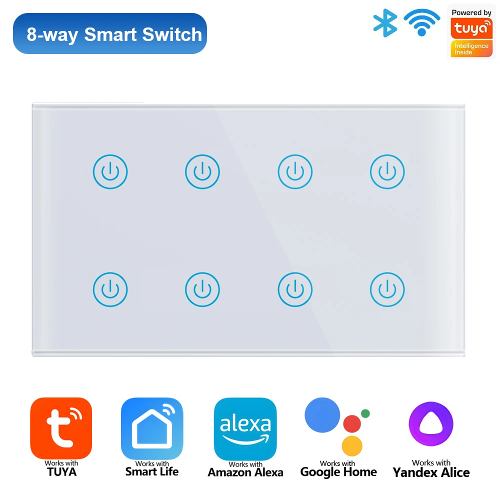 8 Gang Wifi Smart Wall Switch 4x4 Brazil Touch Light Interruptor Glass Panel Tuya SmartLife App Works with Alexa Google Home