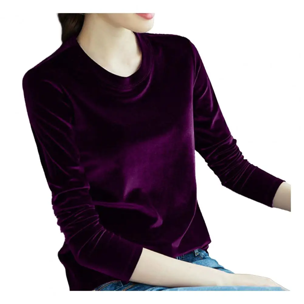 Women Blouse Solid Color Loose O-Neck Long Sleeve Pullover Top Velvet Bright Surface T-shirt Lady Bottoming Shirt Streetwear