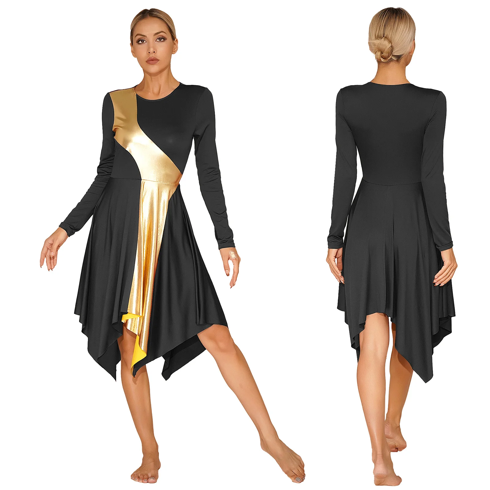 Womens Modern Lyrical Dance Dress Long Sleeve Church Choir Worship Waltz Ballroom Stage Performance Dancewear for Party Prom