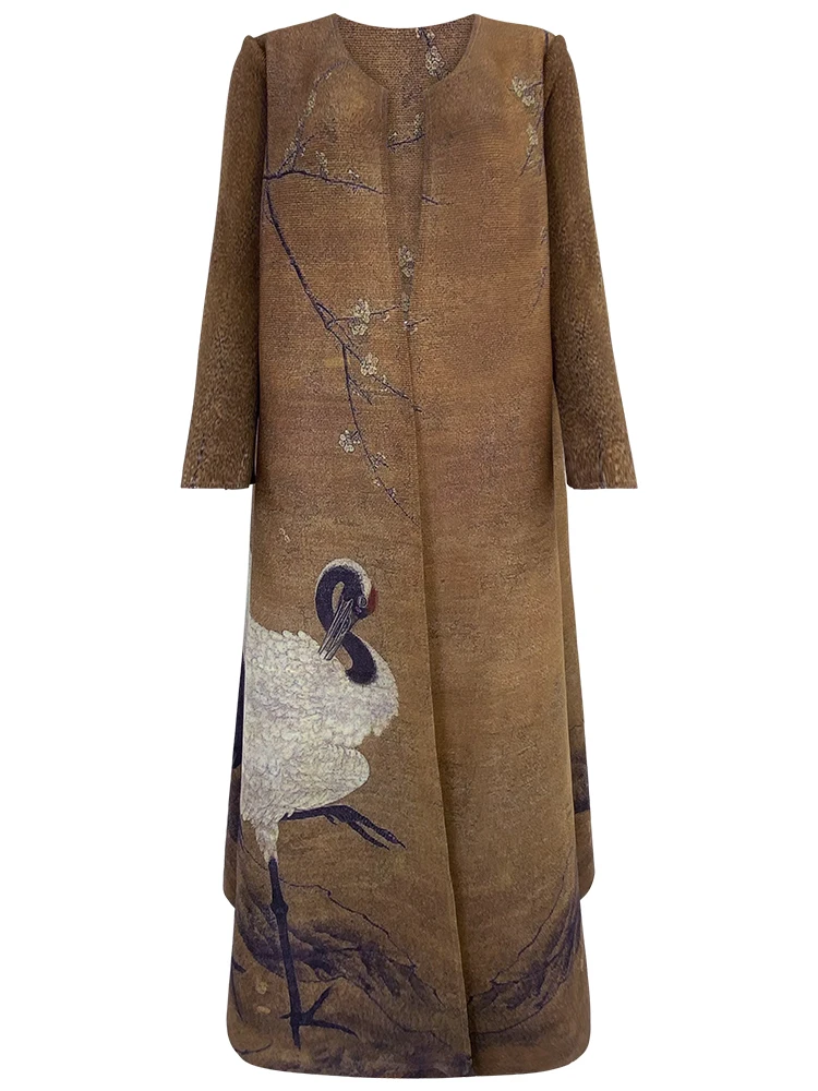Miyake Pleated Vintage Swan Printed Long Sleeve Coat Women Autumn Winter Original Designer Abaya Cardigan Plus Size Windbreak