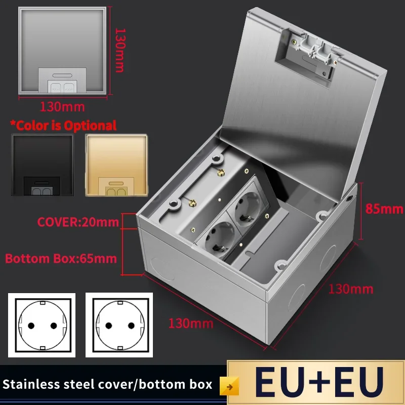 Metal Panel Stainless Steel 130Size Universal Inlaid Floor Socket - 2 Power Outlets with Recessed USB and Network Functionality