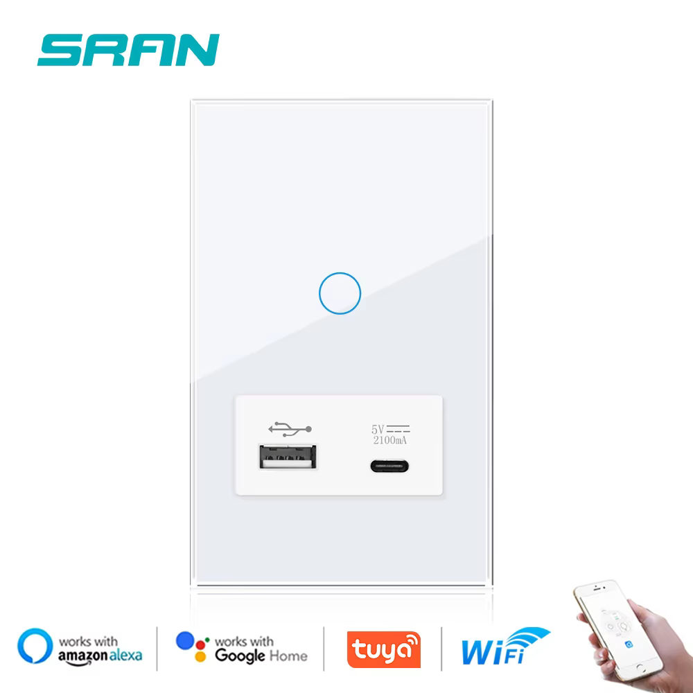 SRAN Smart Wifi Switch 1/2gang, USB Type-C Charger Not Wifi, Tempered Glass Panel 118*72mm, Wall Touch Switch APP Control
