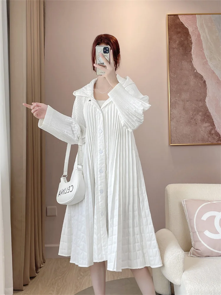 Miyake Pleated Coat Women Winter Hooded Loose Plus Size High Quality Coat Fashionable Warm Windproof Single Breasted Coat