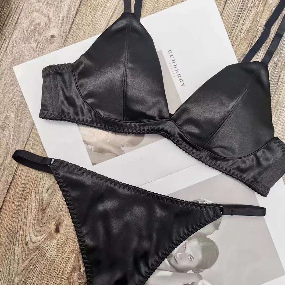 Triangle Cup Thin Lined Smooth Satin Bra and Tongs Sets Underwear Leopard Wireless Seamless Sexy Lingerie Women Intimates