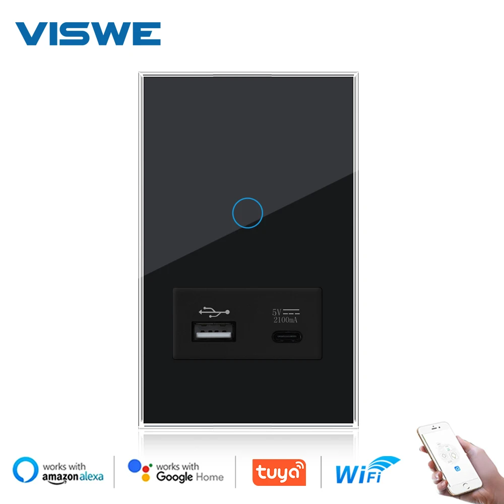 VISWE 1/2gang Smart Wifi Switch USB Type-C Charger, Tempered Glass Panel 118*72mm, Touch Wall Switch Google Home/Alexa Control