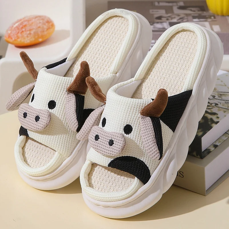 Women Milk Cow Linen Slippers Four Seasons Men Indoor Sandals Adults Cartoon Slides Couples Cute Breathable Home Shoes