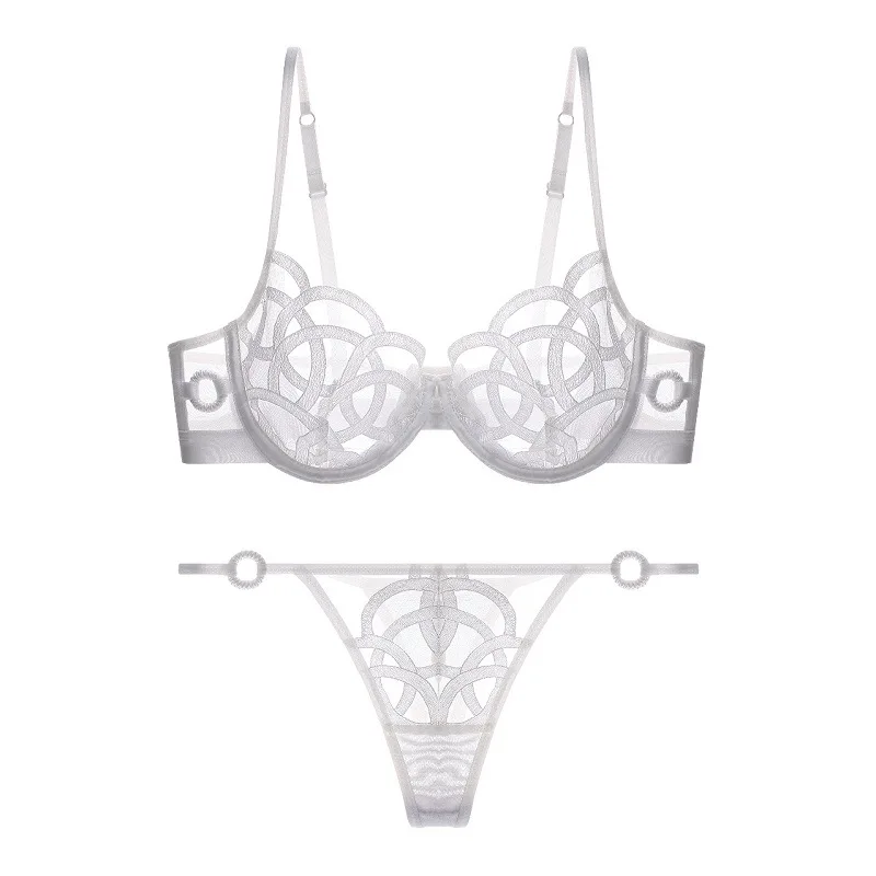 Ultra Sexy Lingerie Set Mesh Striped Pattern Transparent Bra Briefs Thongs Underwear with Steel Ring Women Intimates White Black