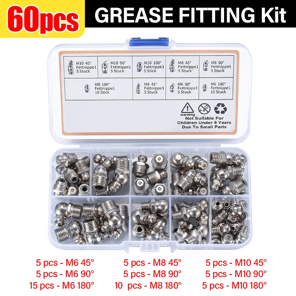 60/120Pcs Metric Hydraulic Grease Nozzle Fitting M6/M8/M10 Thread 45°/90°/180° Angle Straight Grease Nipples With Storage Box