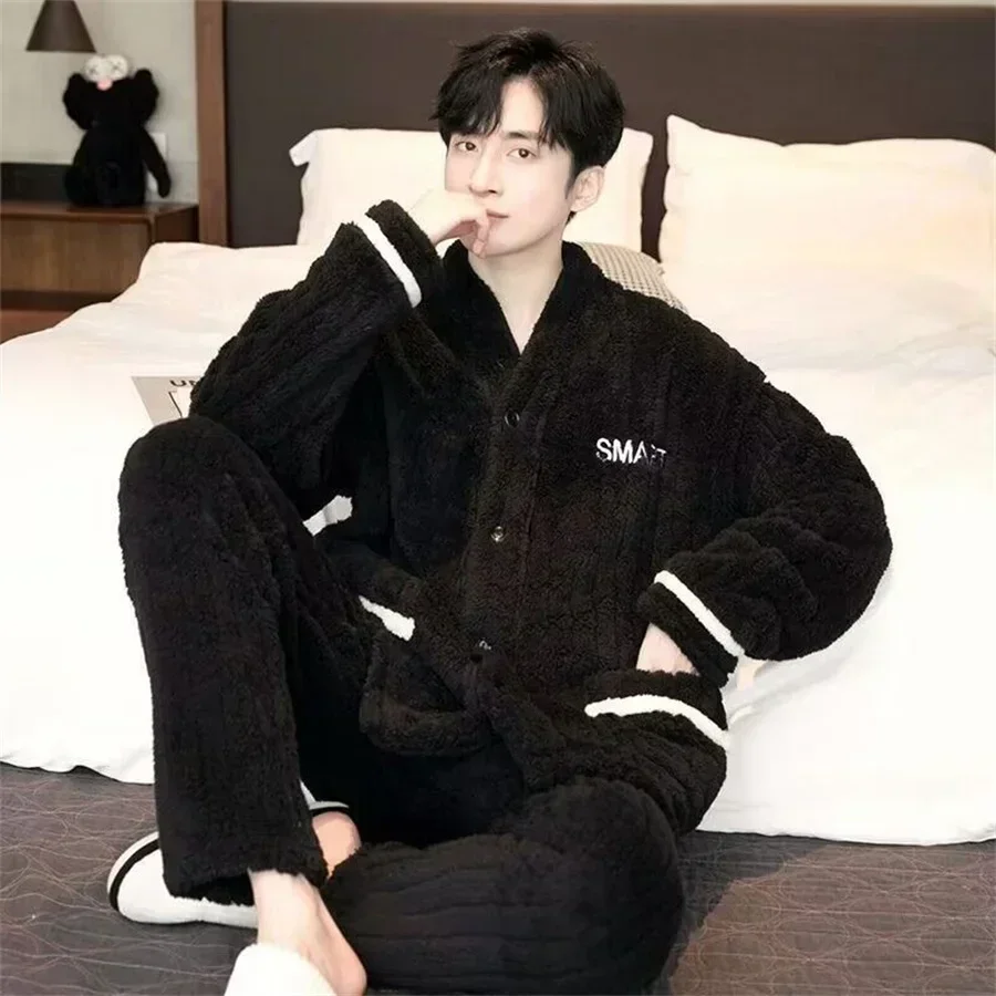 2024 New Men Winter Warm Flannel Pajamas Set V-neck Fluffy Coat + Long Pants Male Sleepwear for Sleeping 2 Pieces Housewear 3XL