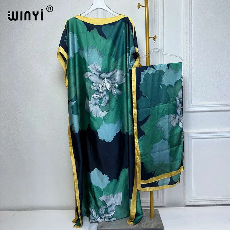 WINYI 2024 New African Women Dashiki boho print muslim woman dubai Free Size Design With Scarf Maxi Loose African Elegant Dress