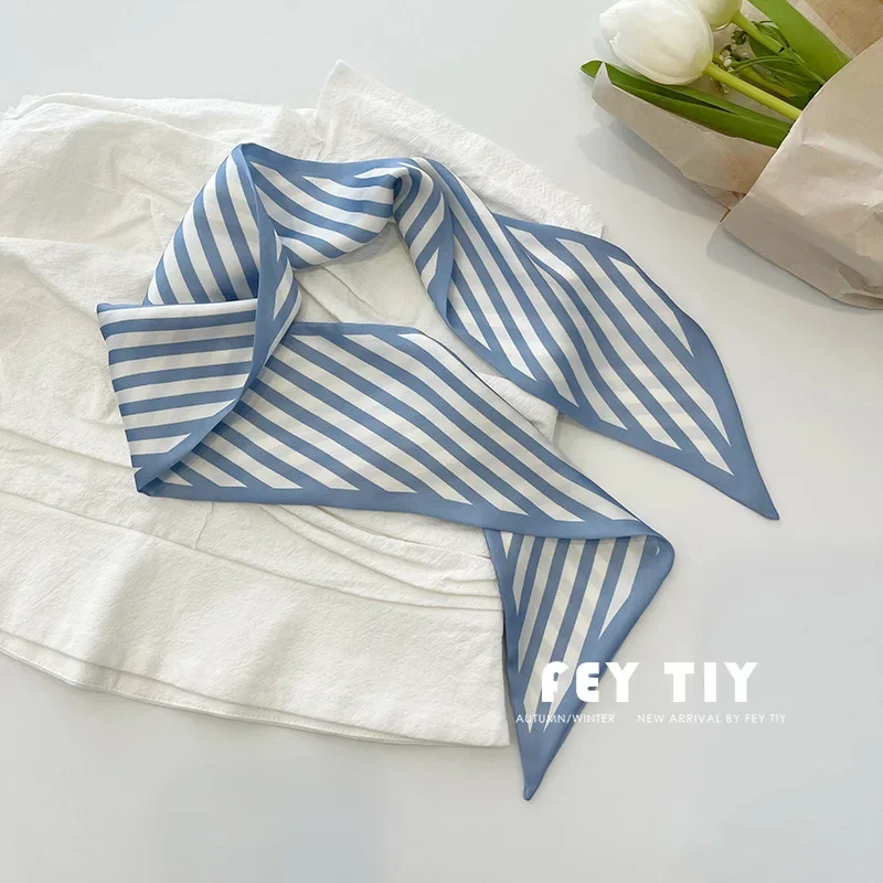 Misty blue small silk scarf women's ins style long streamer tie bag hair tie silk scarf spring and summer