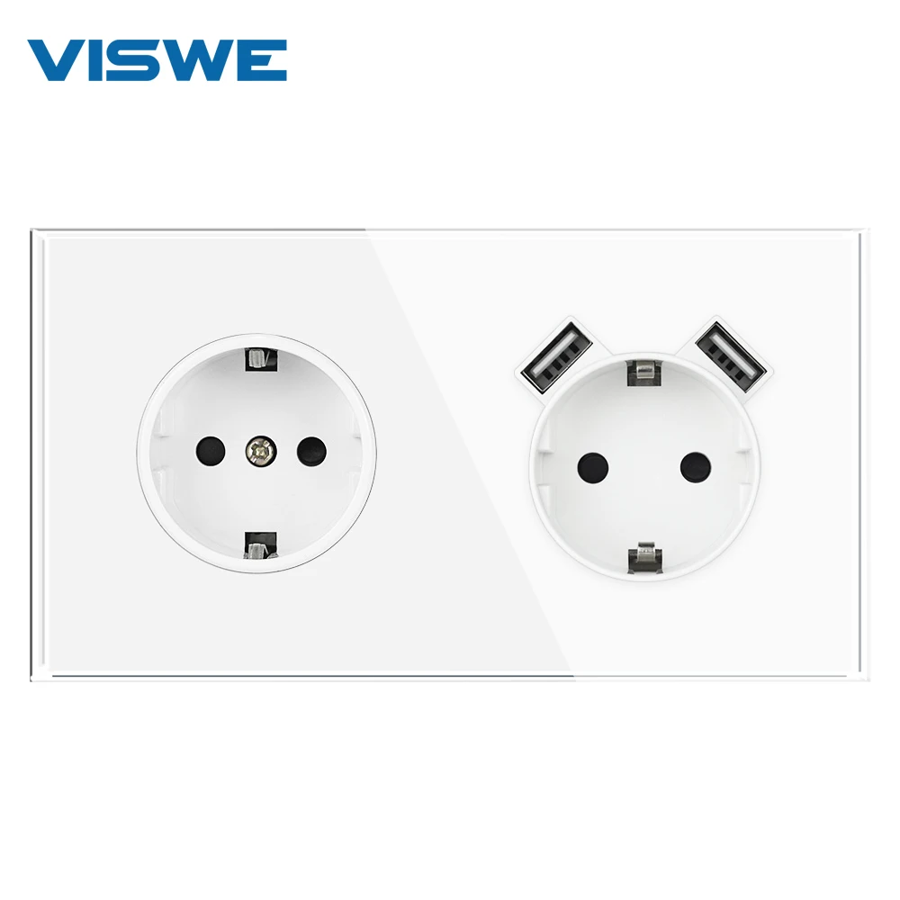VISWE Usb wall  Socket 220V, White/Black Full mirror crystal glass panel Socket with usb home improvements