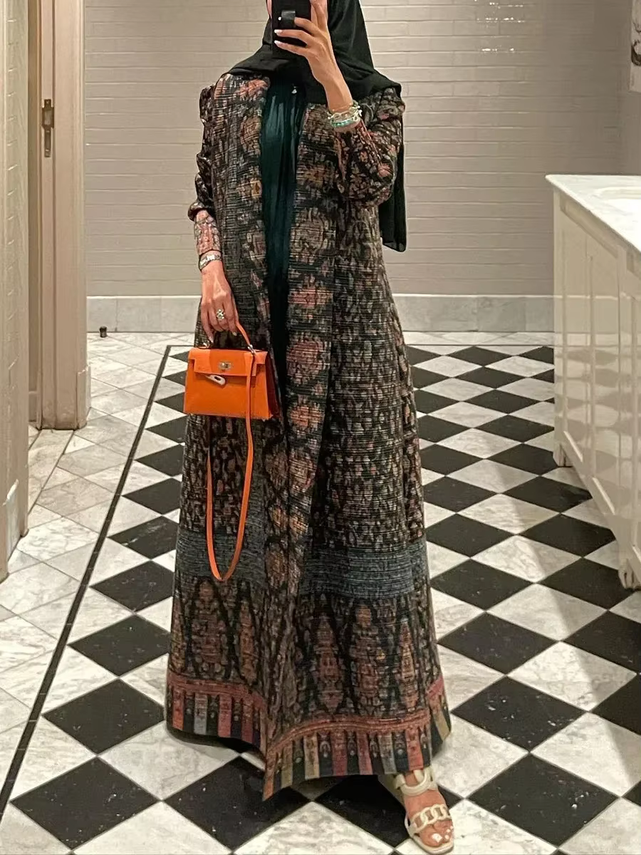 2024 New Miyake Pleated Vintage Printed Turn-down Collar Long Sleeve Dress Women  Dubai Style Plus Size Coats