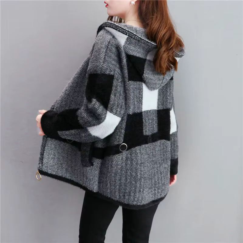 Mom Dresses in Plus Size Mink Cardigan Middle-aged Woman Dresses in Western-style Top Hooded Knit Sweater Jacket