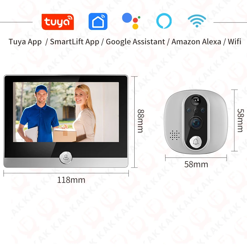 KAK Wifi Smart Door Bell Camera 4.3" Video Door Peephole Door Viewer 170 Degree Motion Detection Tuya APP Alexa Google Assistant