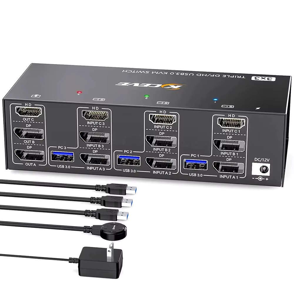 KVM Switch 3 Computers 3 Monitors HD-MI+ DisplayPort USB 3.0 KVM Switcher 8K@60Hz/4k@144Hz Triple Monitor DP KVM for 3 PC