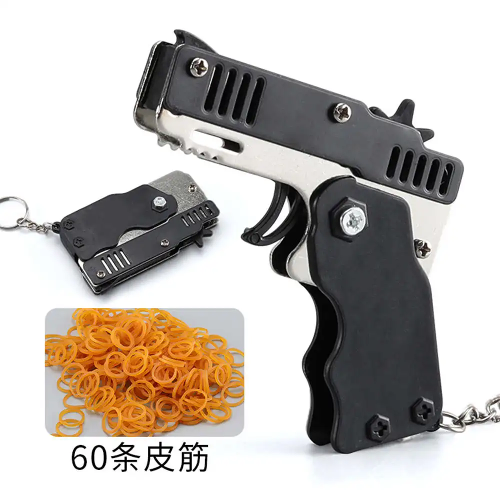 Shooting Pistol rubber band gun Chain Key 1PCS Kid Tools Funny Party keychain gun metal gun 60 rubber bands gift boyfriend Mini