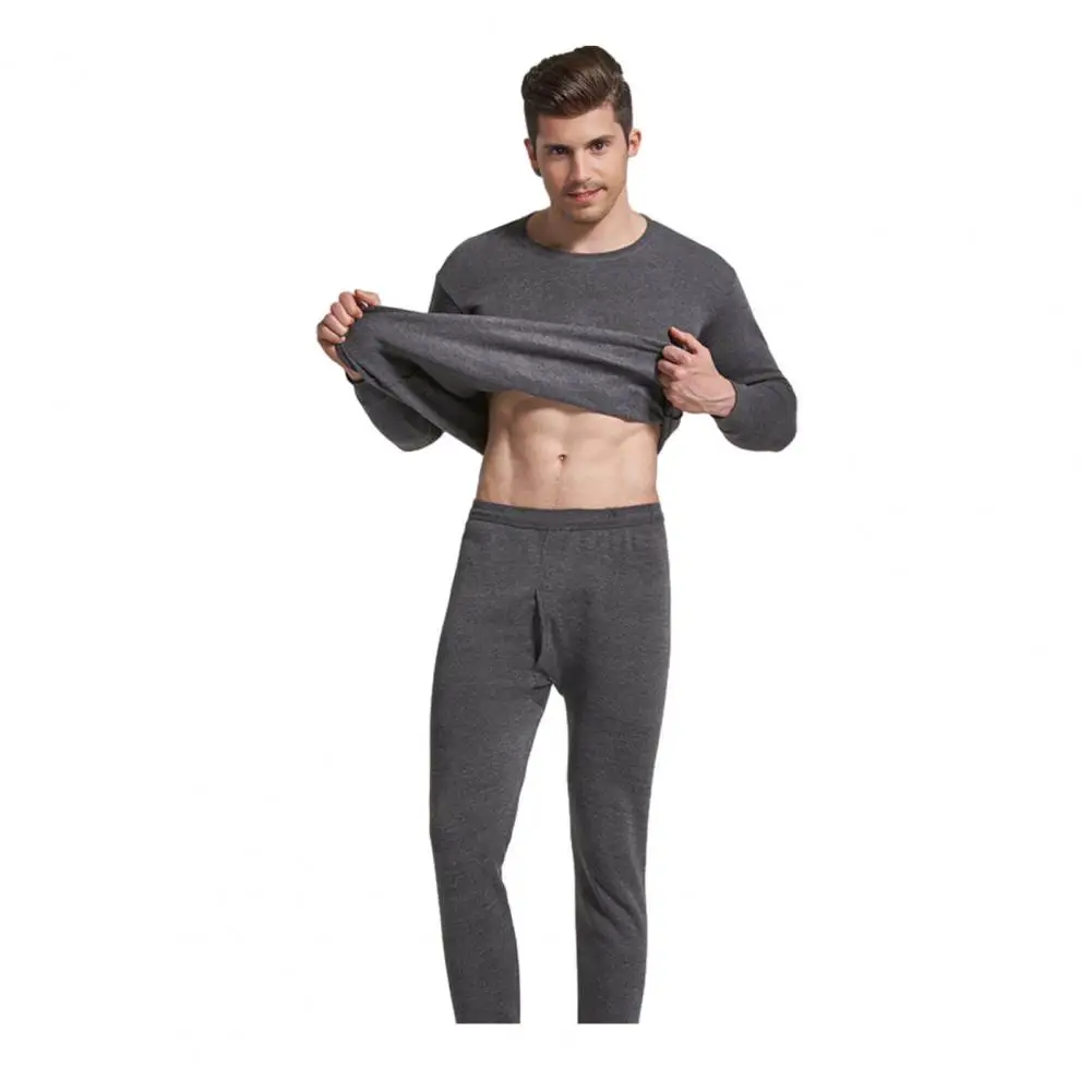2 Pcs/Set Winter Pajamas Men Thermal Underwear Set Plush Velvet Warm Thick Pure Color Slim Open Crotch Men Pajamas Set Sleepwear