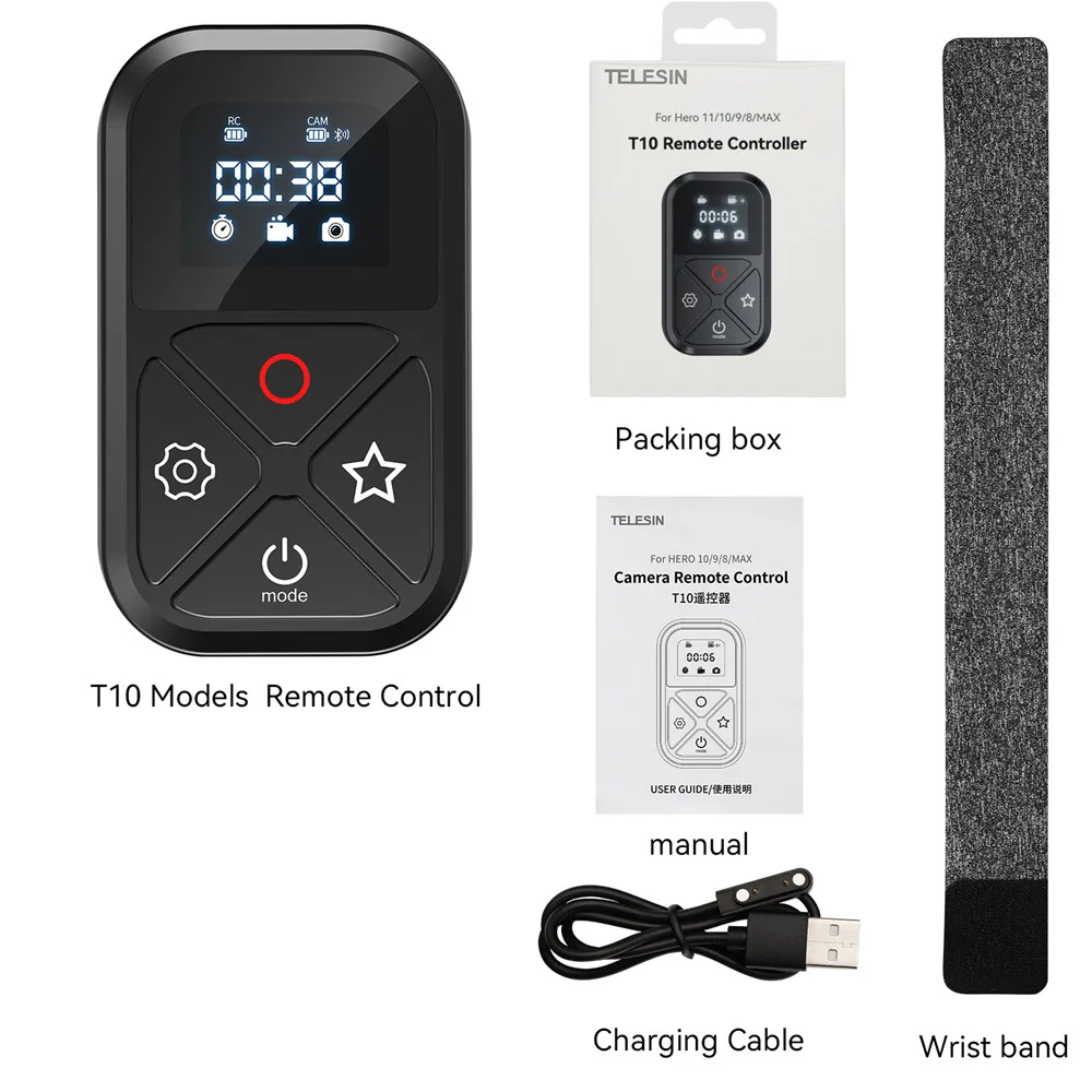 TELESIN 80M T10 Bluetooth Remote Control For GoPro Hero 12 11 10 9 8 Max With Wrist Strap For Smart  Action Camera Accessories